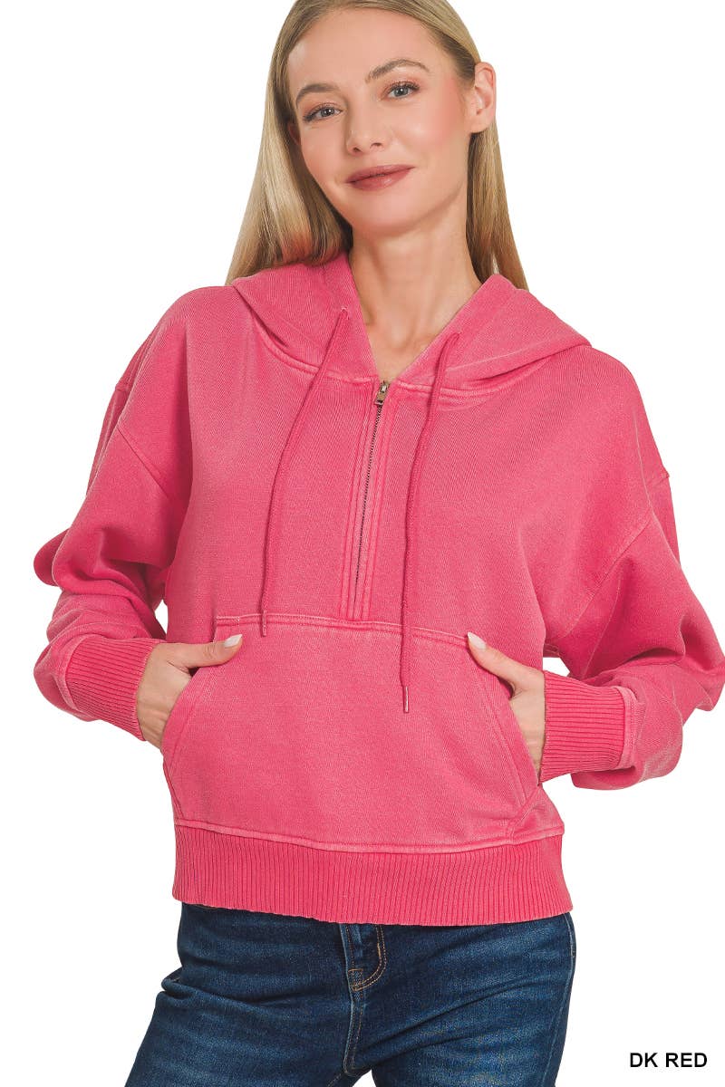 Fleece Pigment Dye Half Zip Kangaroo Pocket Hoodie